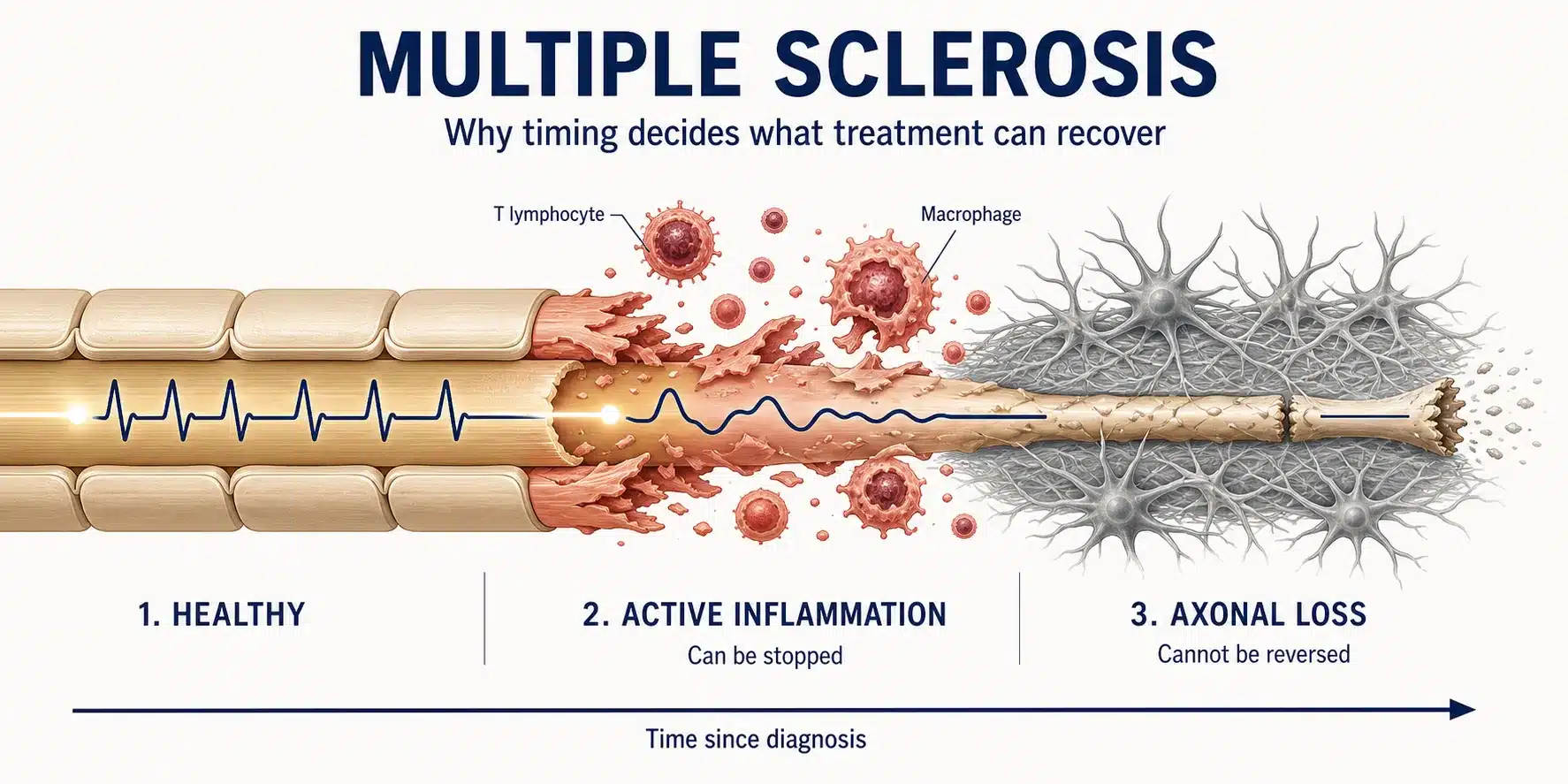 How multiple sclerosis progresses from active inflammation, which HSCT can stop, to permanent axonal loss, which cannot be reversed.