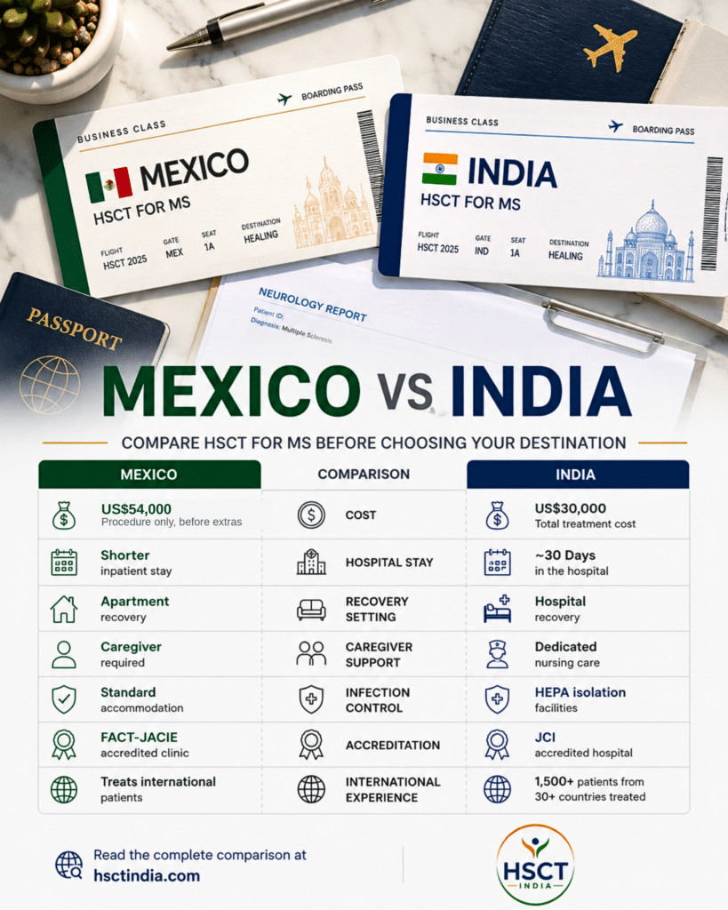 HSCT for MS in Mexico compared with India, 54,000 US dollars for the procedure before extras against a 30,000 dollar all-inclusive package, apartment recovery against a 30 day hospital stay with HEPA isolation