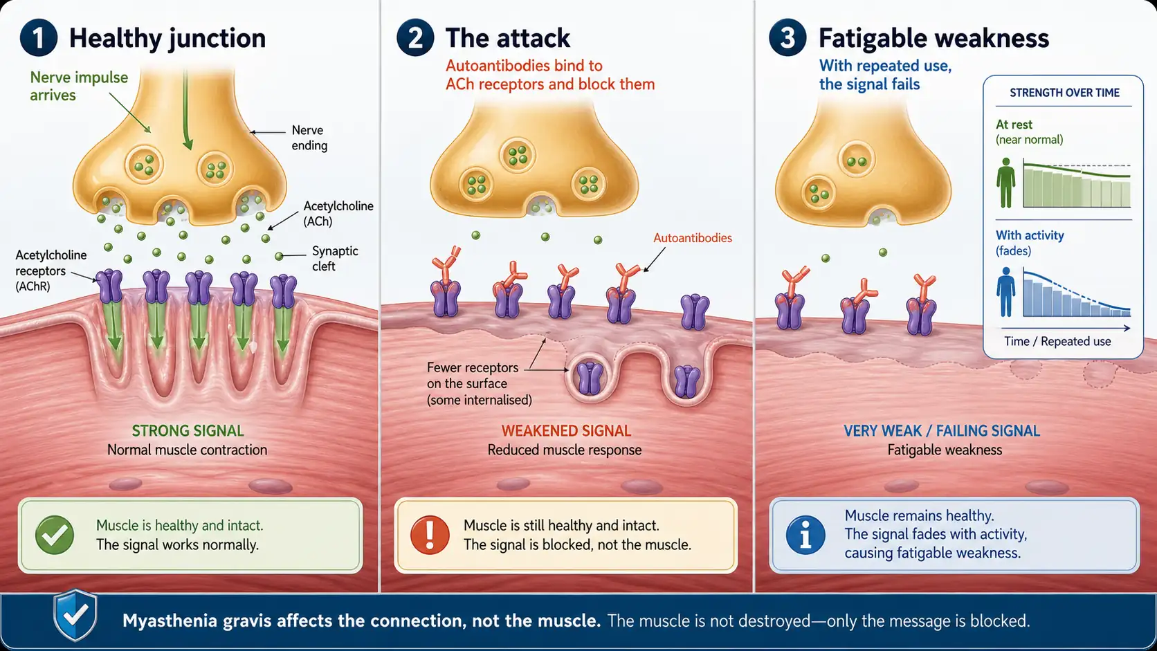 How myasthenia gravis blocks the nerve-to-muscle signal at the neuromuscular junction while the muscle itself stays intact, which is why removing the immune attack can restore strength.