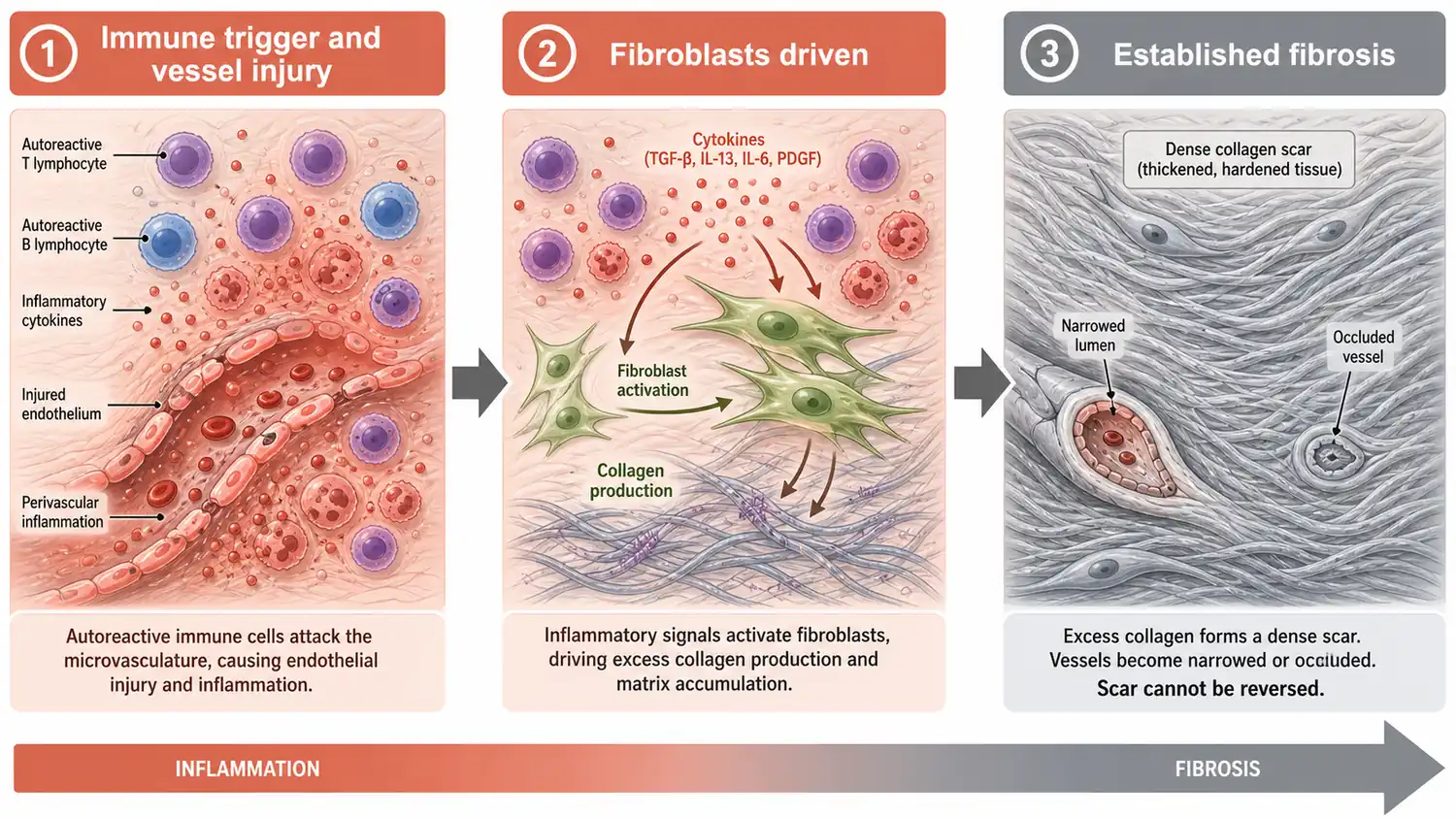 How immune-driven inflammation in scleroderma makes fibroblasts overproduce collagen, turning active inflammation, which HSCT can stop, into permanent fibrosis, which it cannot reverse.