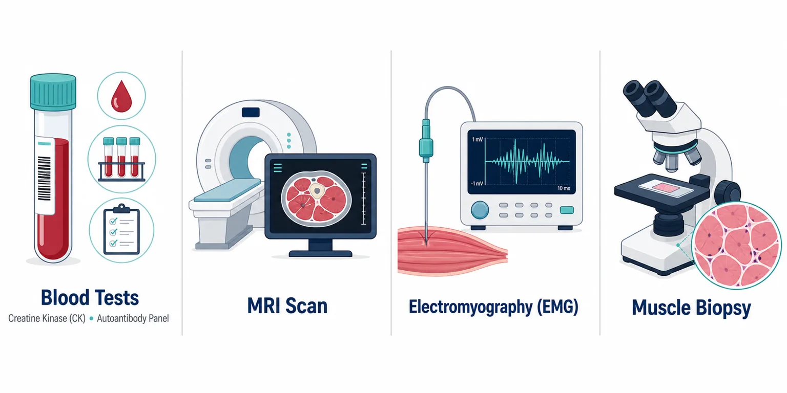 The tests used to diagnose myositis: creatine kinase and autoantibody blood work, muscle MRI, electromyography and biopsy