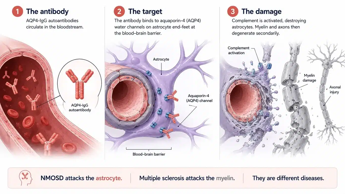 How the AQP4 antibody attacks astrocytes in NMOSD, neuromyelitis optica spectrum disorder.