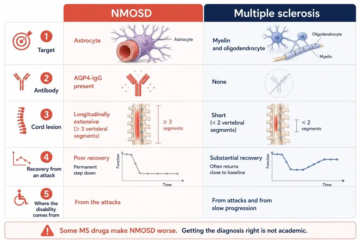 NMOSD compared with multiple sclerosis: different target, different antibody, different lesions and different recovery.
