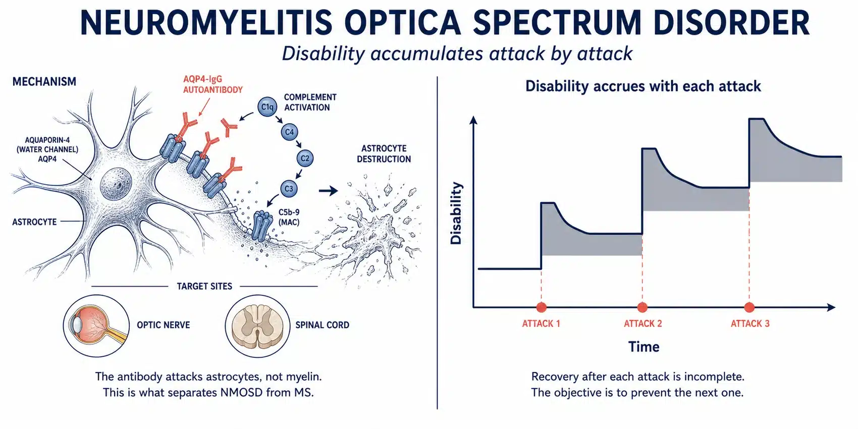 How the AQP4 antibody destroys astrocytes in NMOSD, and how disability accumulates permanently with each relapse.