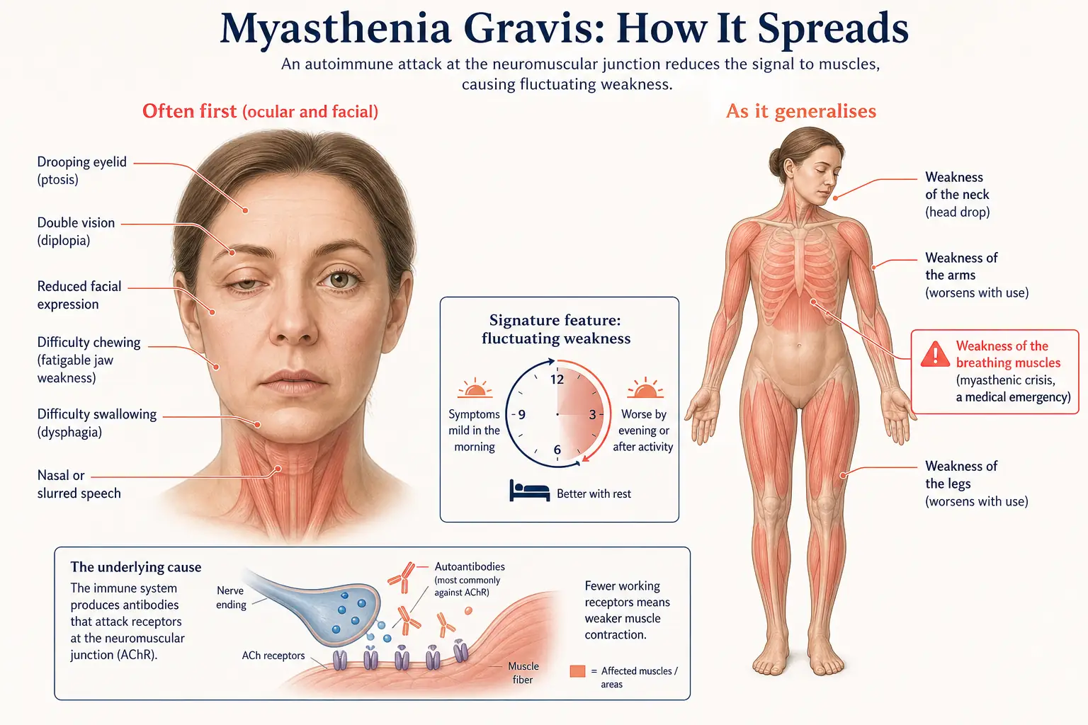 The symptoms of myasthenia gravis, from drooping eyelid, double vision and swallowing difficulty to the generalised and respiratory weakness that can threaten breathing.