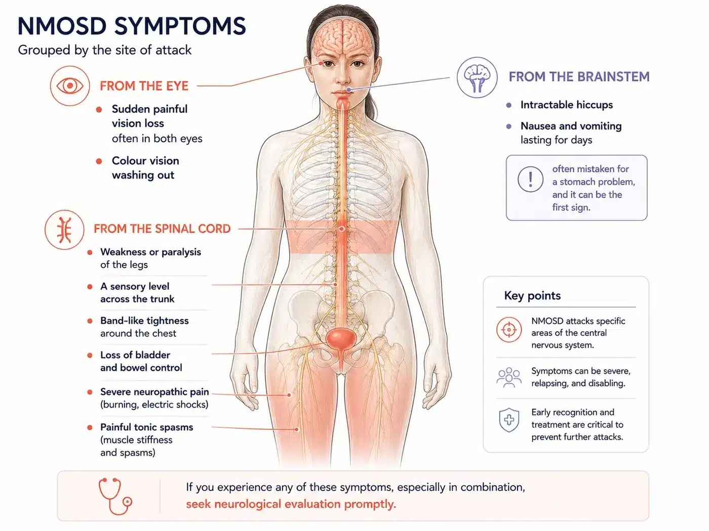 Symptoms of NMOSD, including optic neuritis, transverse myelitis and intractable hiccups and vomiting.