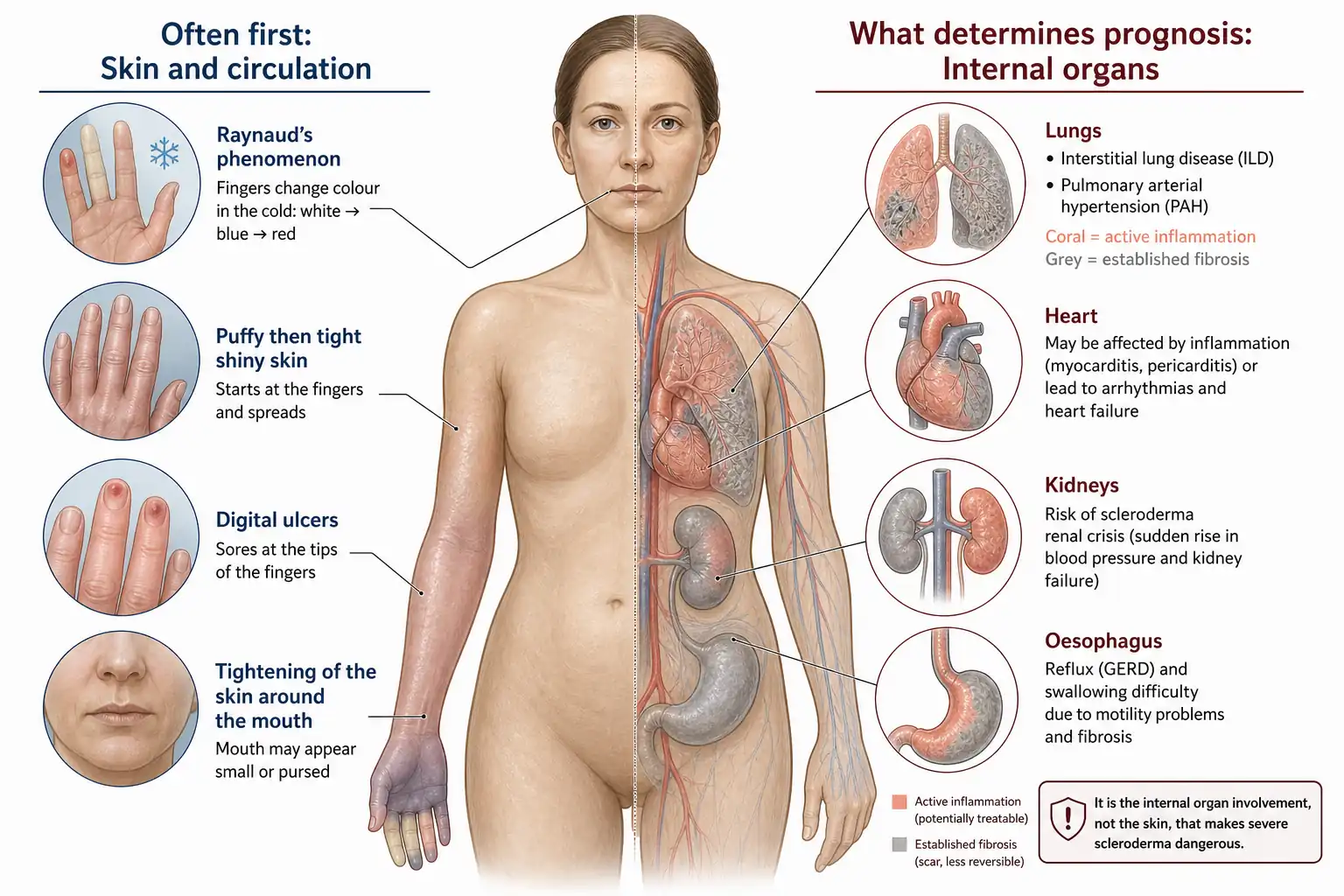 Symptoms of scleroderma, from Raynaud's and skin thickening to the lung, heart, kidney and oesophageal involvement that determines prognosis.