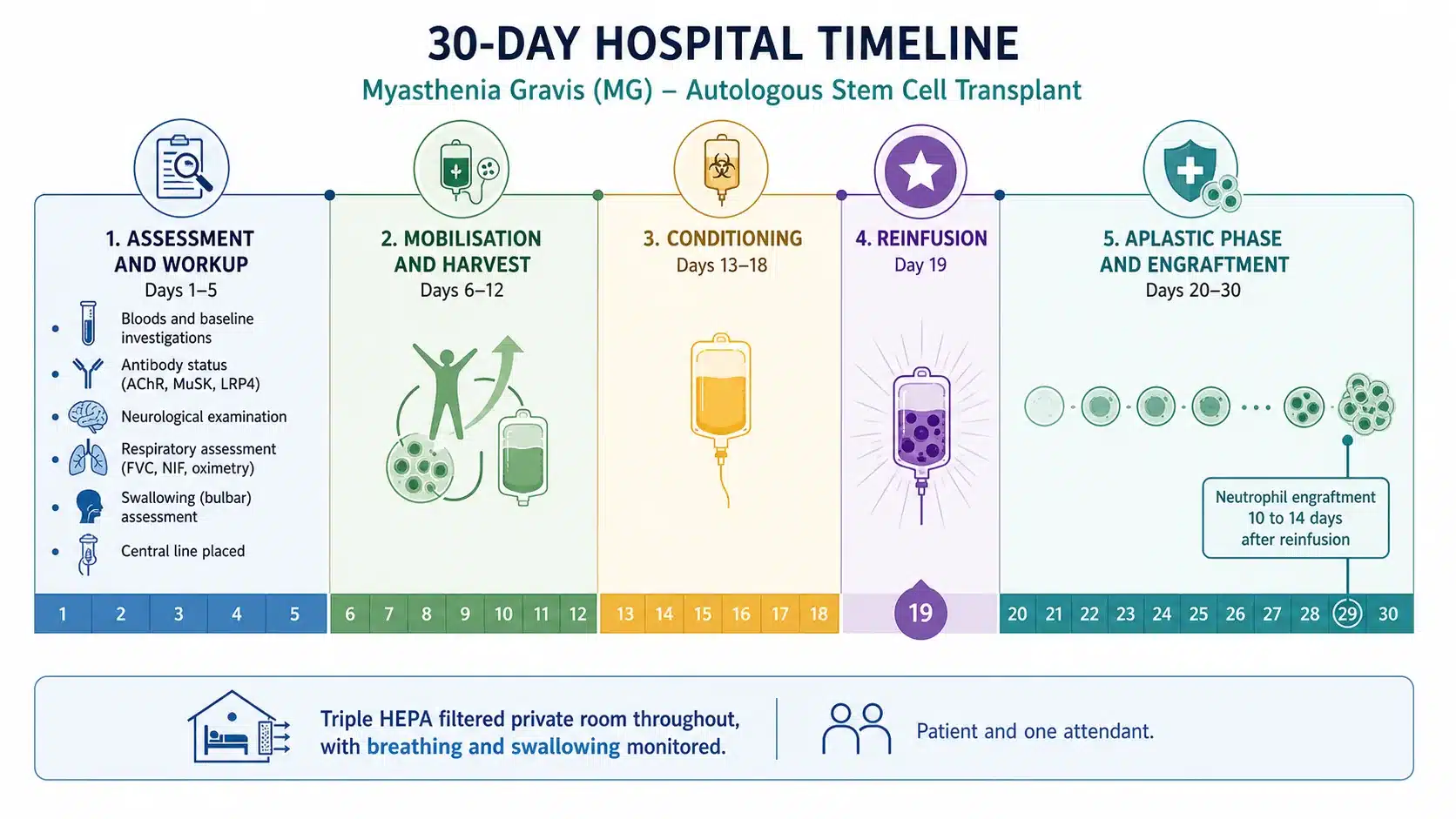 The 30 day inpatient HSCT programme for myasthenia gravis at HSCT Hospital India, with breathing and swallowing monitored throughout the aplastic phase.