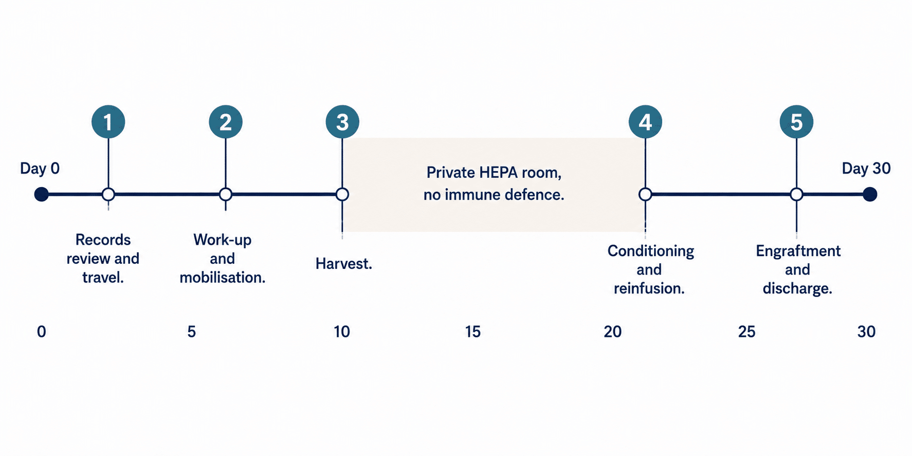 The 30 day HSCT journey for an international MS patient, from records review and travel through reinfusion to discharge