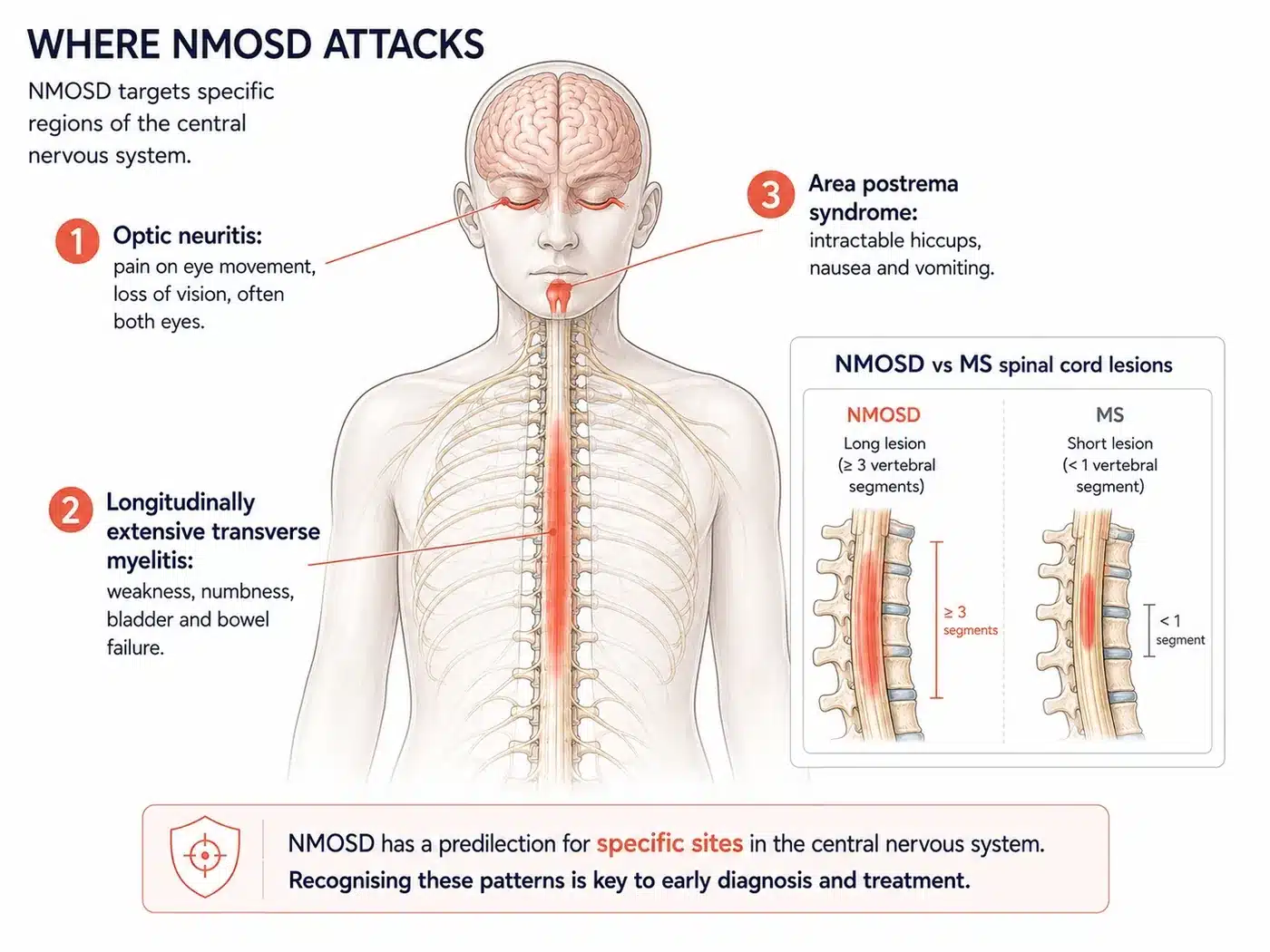 Where NMOSD attacks: the optic nerves, the spinal cord and the area postrema of the brainstem.