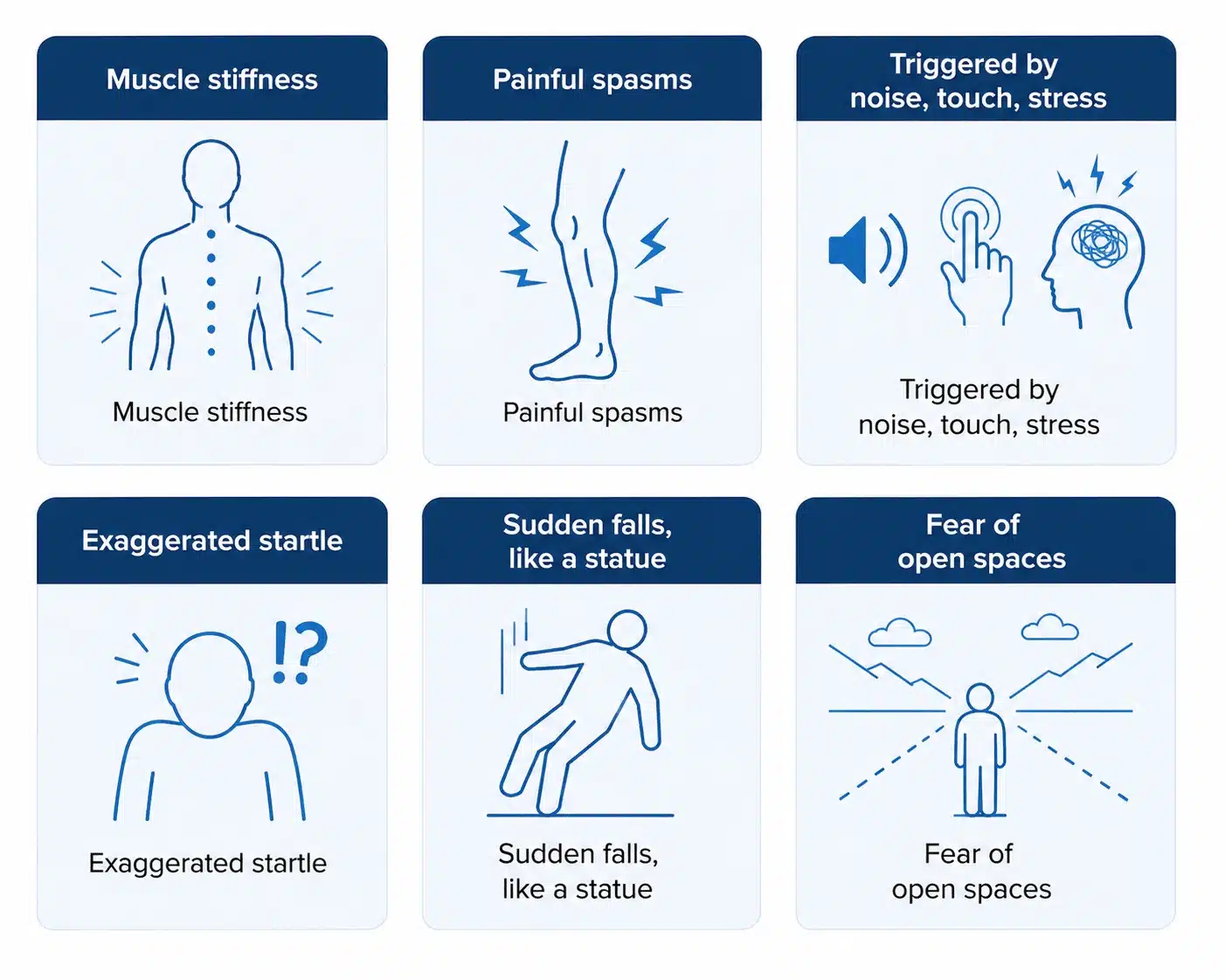 The main symptoms of stiff person syndrome: stiffness, painful spasms, stimulus triggers, startle, falls and fear of open spaces.