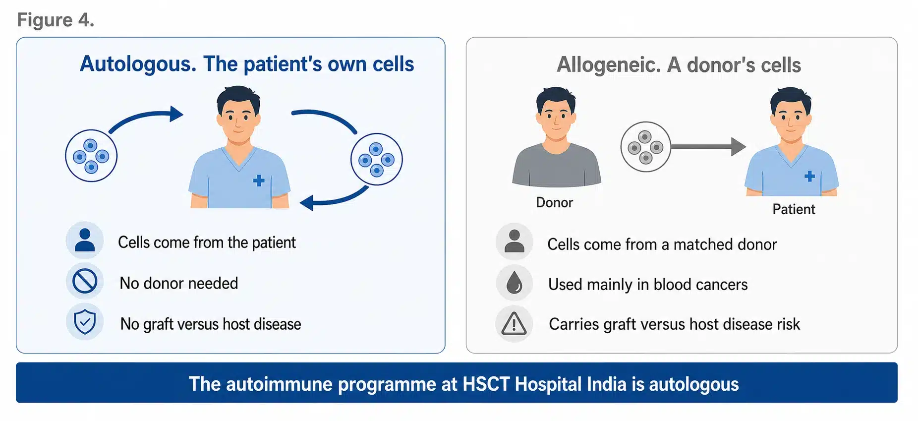 Autologous HSCT using the patient's own stem cells compared with allogeneic HSCT using a donor, and why the autoimmune programme is autologous.