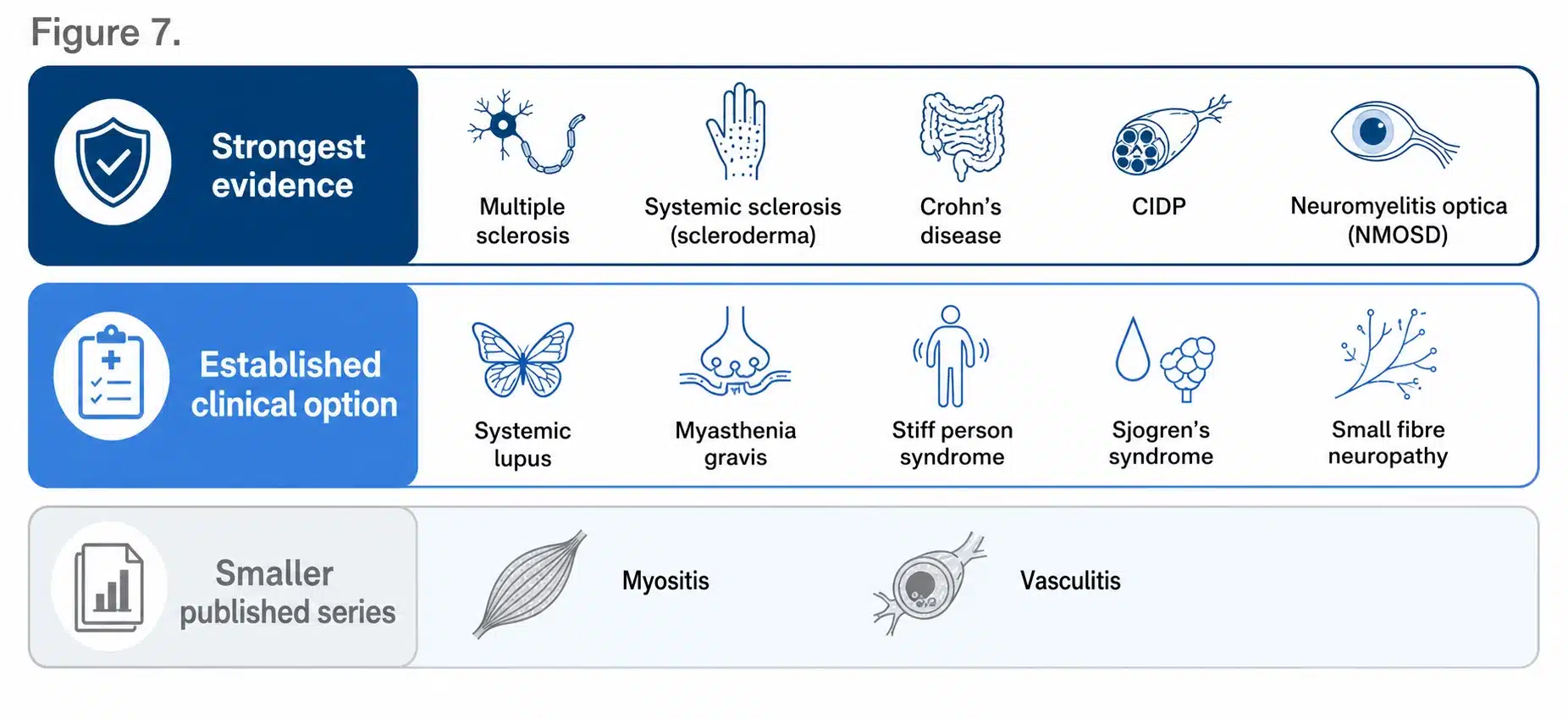 The autoimmune conditions treated with HSCT grouped by the strength of the published evidence, from multiple sclerosis and systemic sclerosis through to conditions with smaller published series.
