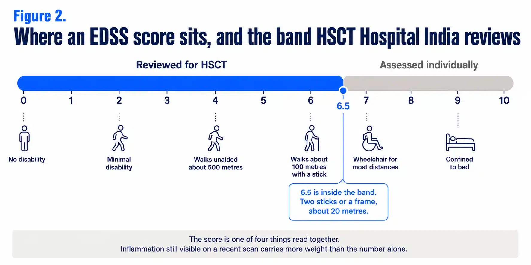The EDSS scale from 0 to 10 with the range assessed at HSCT Hospital India shaded from 0 to 6.5