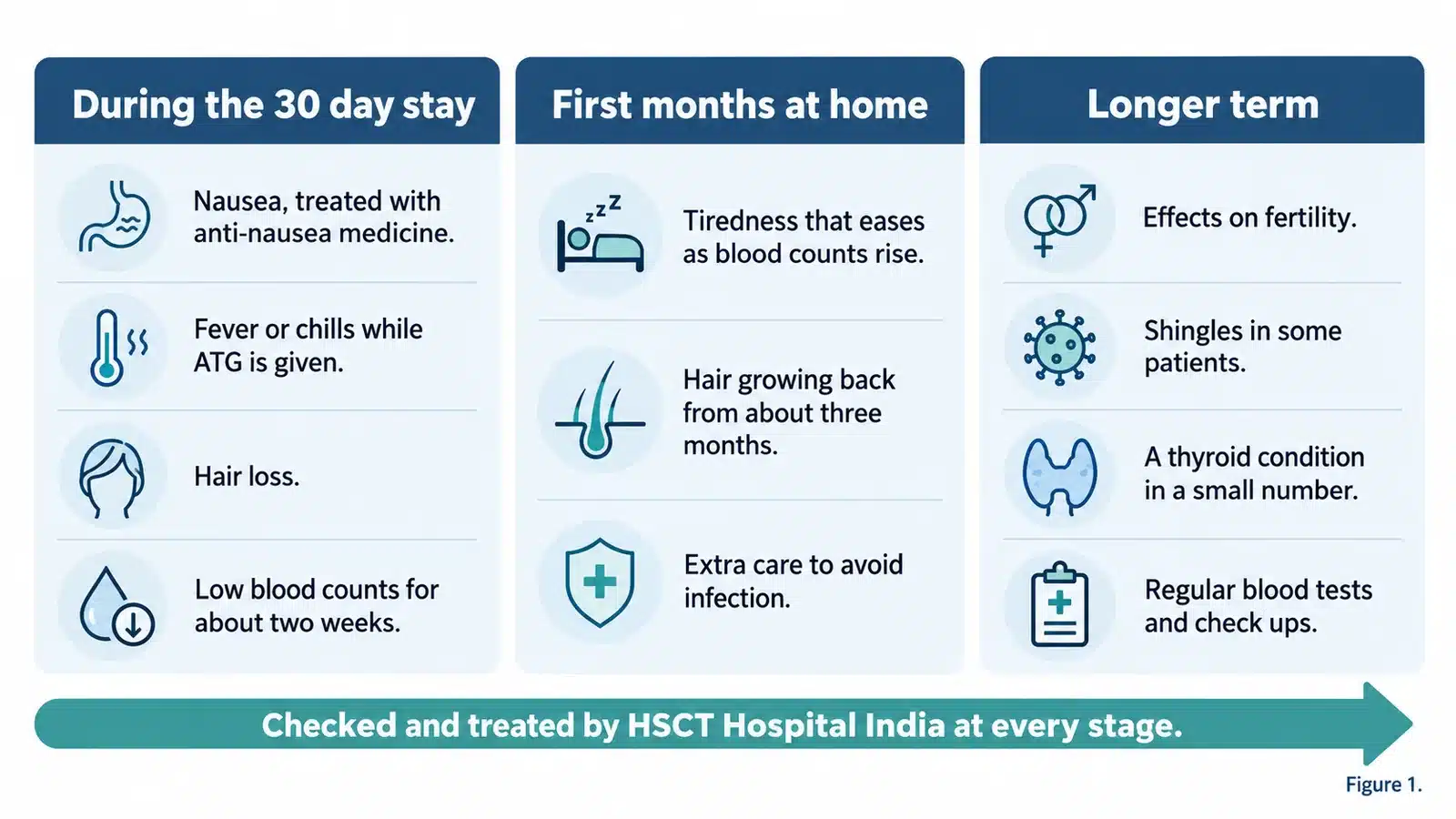 Side effects of HSCT for MS by stage: nausea, fever with ATG, hair loss and low blood counts during the 30 day stay; tiredness and hair regrowth in the first months at home; fertility, shingles and thyroid changes in the longer term