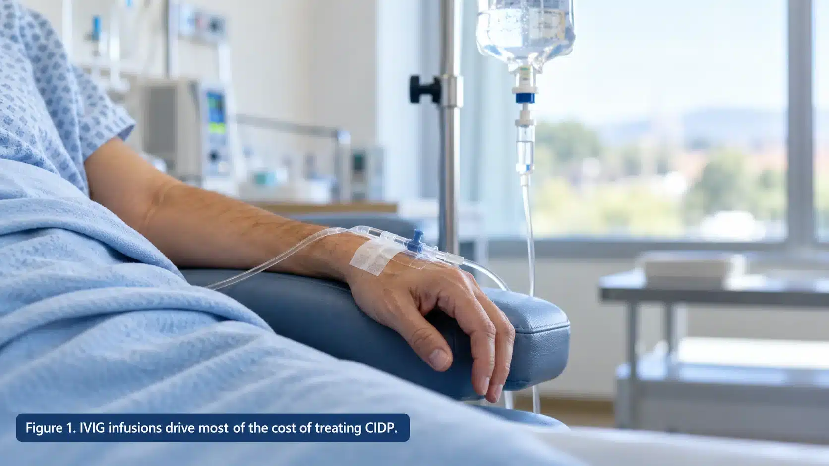 CIDP treatment cost: a patient receiving an IVIG infusion, the treatment that drives most of the cost of CIDP