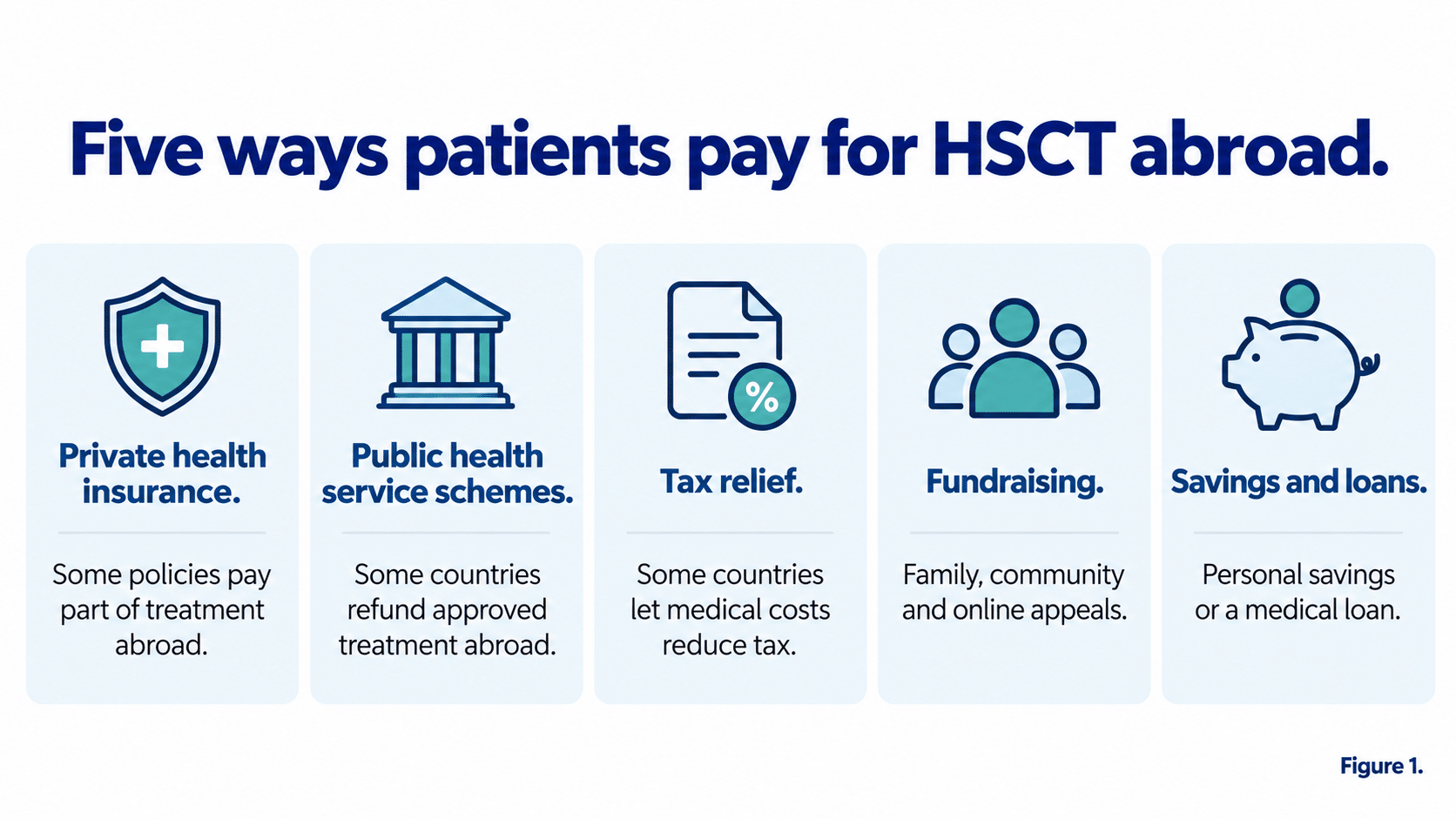 Five ways patients pay for HSCT abroad: private health insurance, public health service schemes, tax relief, fundraising, and savings and loans
